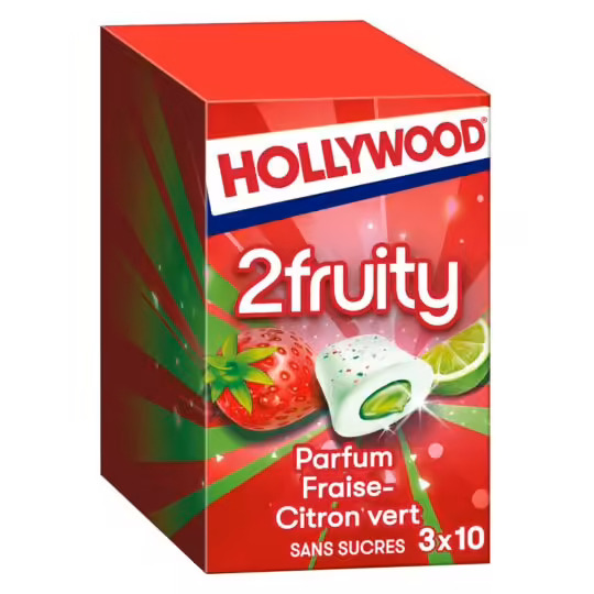 Hollywood 2 Fruity chewing gum fraise citron vert, 16 étuis 22gr